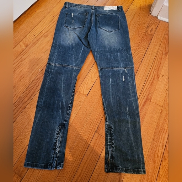BLANK NYC Size 30 Distressed Blue Biker Jeans with Patchwork, Zip ankles - Picture 6 of 11